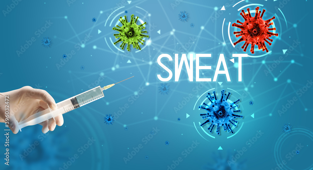 Syringe, medical injection in hand with SWEAT inscription, coronavirus vaccine concept Syringe, medical injection in hand with SWEAT inscription, coronavirus vaccine concept