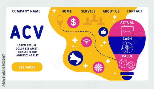 Vector website design template . ACV - Actual cash value acronym, business   concept. illustration for website banner, marketing materials, business presentation, online advertising.