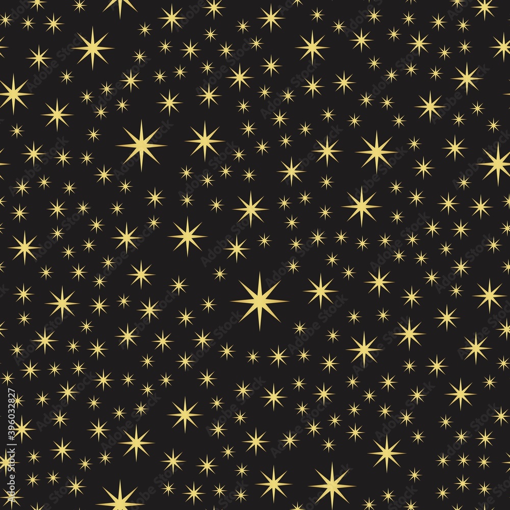 Seamless pattern with gold stars on black background.
festive background with gold falling stars. Holiday pattern.Ornament for gift wrapping paper, fabric.Pattern for Christmas. xmas and celebrations.