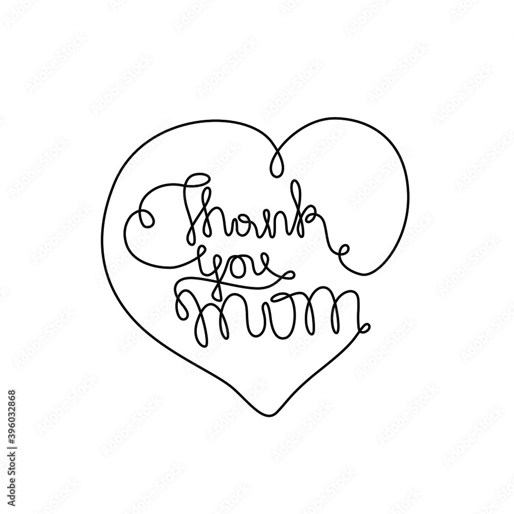 Thank You Mom inscription in heart continuous line drawing, tattoo, print for clothes and logo design, one single line on a white background, isolated vector. Hand lettering on Happy Mother's Day.