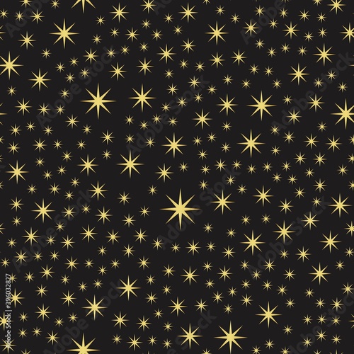 Seamless pattern with gold stars on black background.
festive background with gold falling stars. Holiday pattern.Ornament for gift wrapping paper, fabric.Pattern for Christmas. xmas and celebrations.
