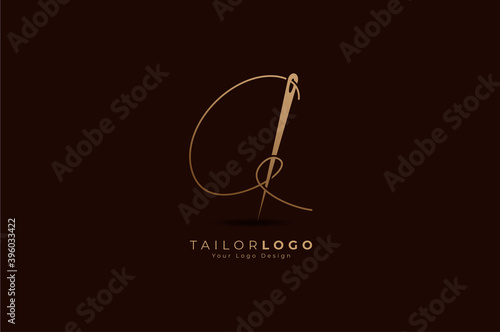 Abstract Initial A Tailor logo, thread and needle combination with gold colour line style , Flat Logo Design Template, vector illustration