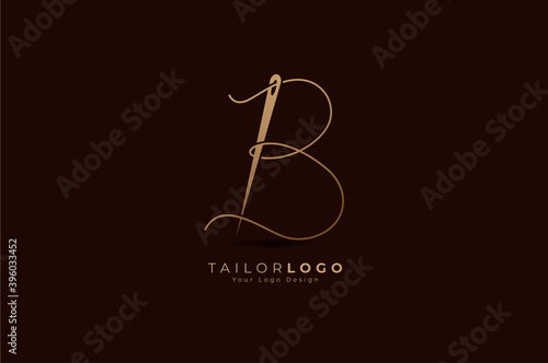 Abstract Initial B Tailor logo, thread and needle combination with gold colour line style , Flat Logo Design Template, vector illustration