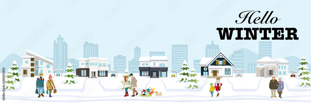 Εκτύπωση καμβά People in the winter suburb townscape, banner ratio - Included words Hello WINT