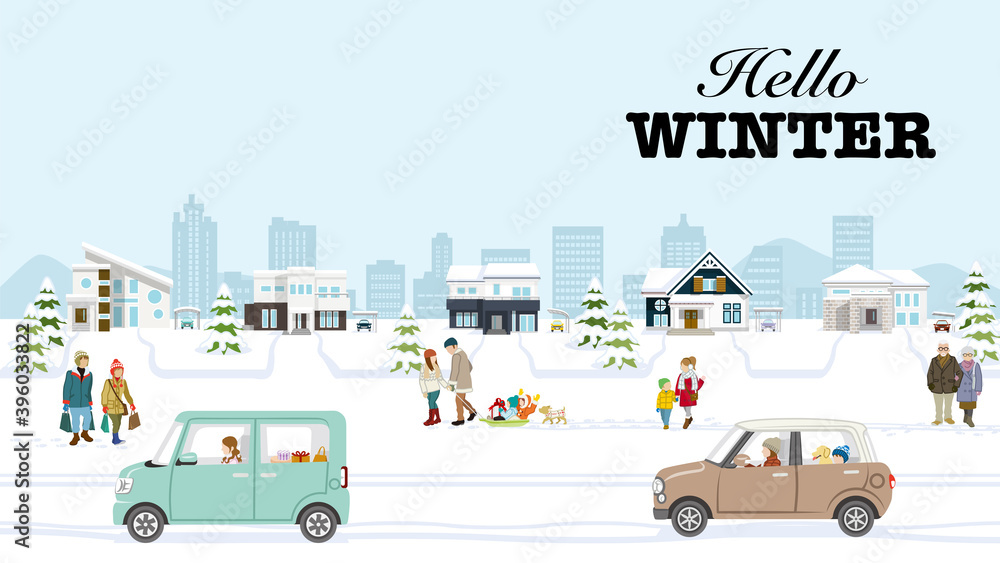 People and Running Cars in the winter suburb townscape - included words 