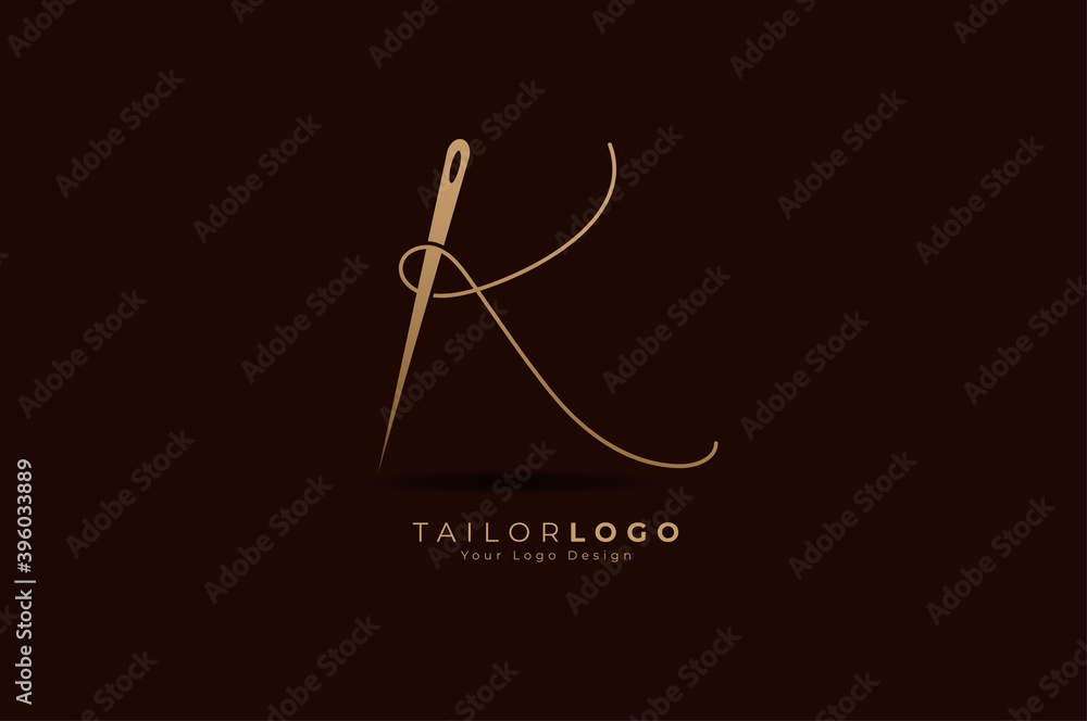Abstract Initial K Tailor logo, thread and needle combination with gold ...