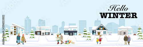 People in the winter suburb townscape, banner ratio - Included words 