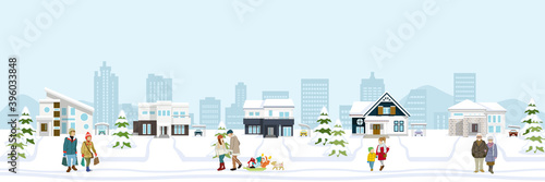 People in the winter suburb townscape, banner ratio