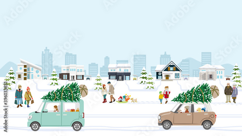 People in the winter suburb townscape, Running Cars loading a fir tree