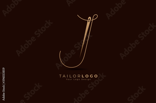 Abstract Initial J Tailor logo, thread and needle combination with gold colour line style , Flat Logo Design Template, vector illustration