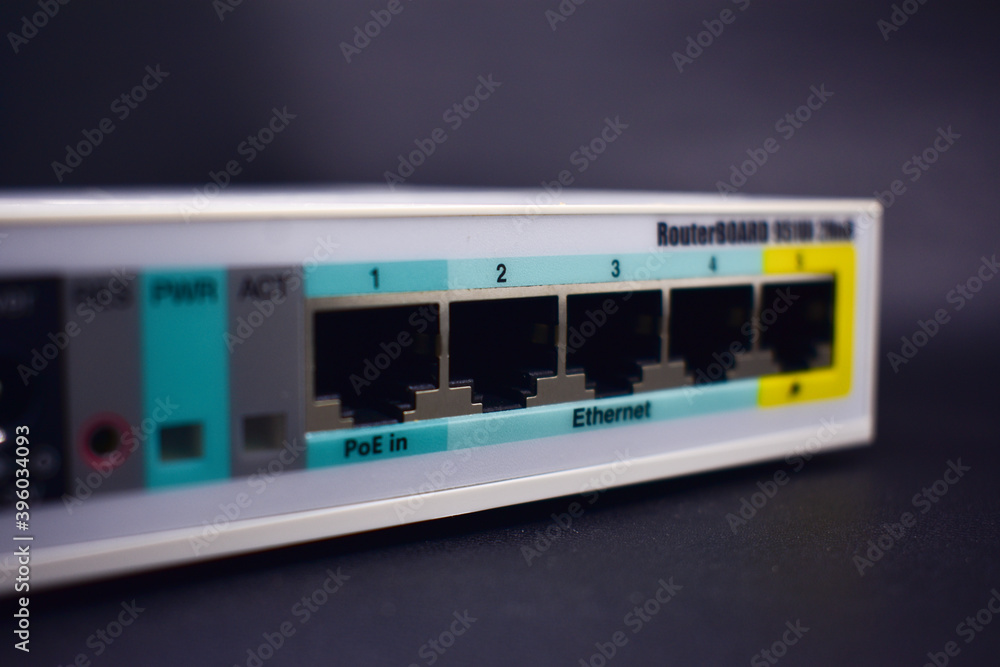Close-up view of a Port Router board 951Ui 2HnD on black background, Selective focus. Close-up view of a Port Router board 951Ui 2HnD on black background, Selective focus.
