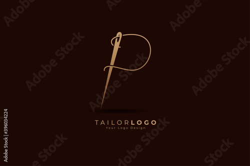 Abstract Initial P Tailor logo, thread and needle combination with gold colour line style , Flat Logo Design Template, vector illustration