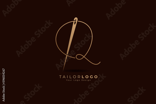 Abstract Initial Q Tailor logo, thread and needle combination with gold colour line style , Flat Logo Design Template, vector illustration