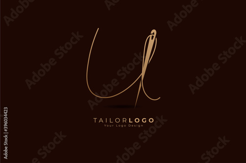 Abstract Initial U Tailor logo, thread and needle combination with gold colour line style , Flat Logo Design Template, vector illustration