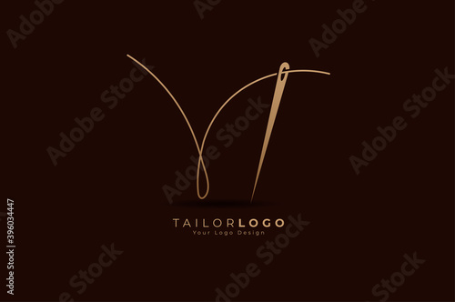 Abstract Initial V Tailor logo, thread and needle combination with gold colour line style , Flat Logo Design Template, vector illustration