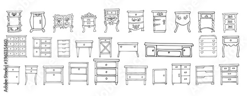  Large Set of elegant antique and modern furniture. Sketch style.  Isolated on a white background. Vector collection of retro-vintage and modern dressers and bedside tables for home, bedroom.