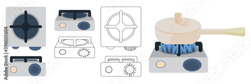 Gas stove is isolated on a white background.Vector set of gas burners is drawn in a liner and carton style. The view from the top, front, isometric. A burner with a fire.  Pot on the included stove