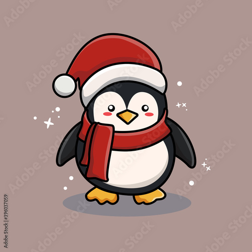 cute penguin mascot vector design wearing christmas hat. Penguin vector with flat cartoon style. Its suitable for your projevt design, logo, bsnner, podtcard and sticker.