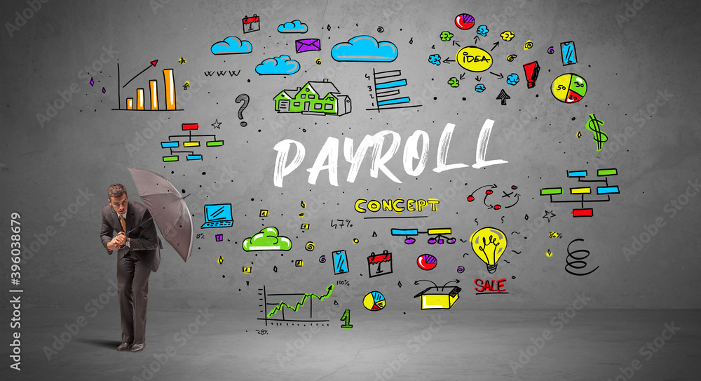 Determined businessman hiding behind umbrella with PAYROLL inscription, new business concept Determined businessman hiding behind umbrella with PAYROLL inscription, new business concept
