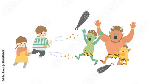 豆まきで子供たちに追い払われる鬼