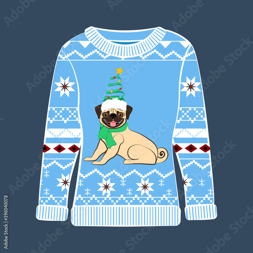 Christmas party ugly sweater with pug vector illustration