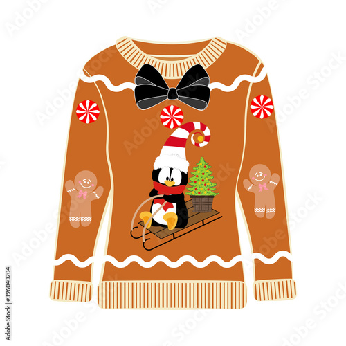 Christmas ugly sweater with penguin vector illustration
