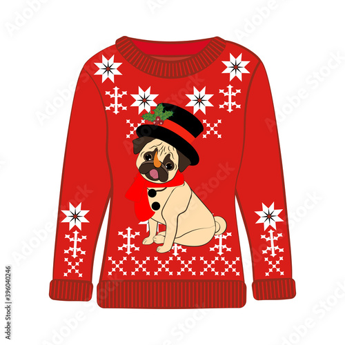 Christmas ugly sweater with pug in christmas costume vector illustration