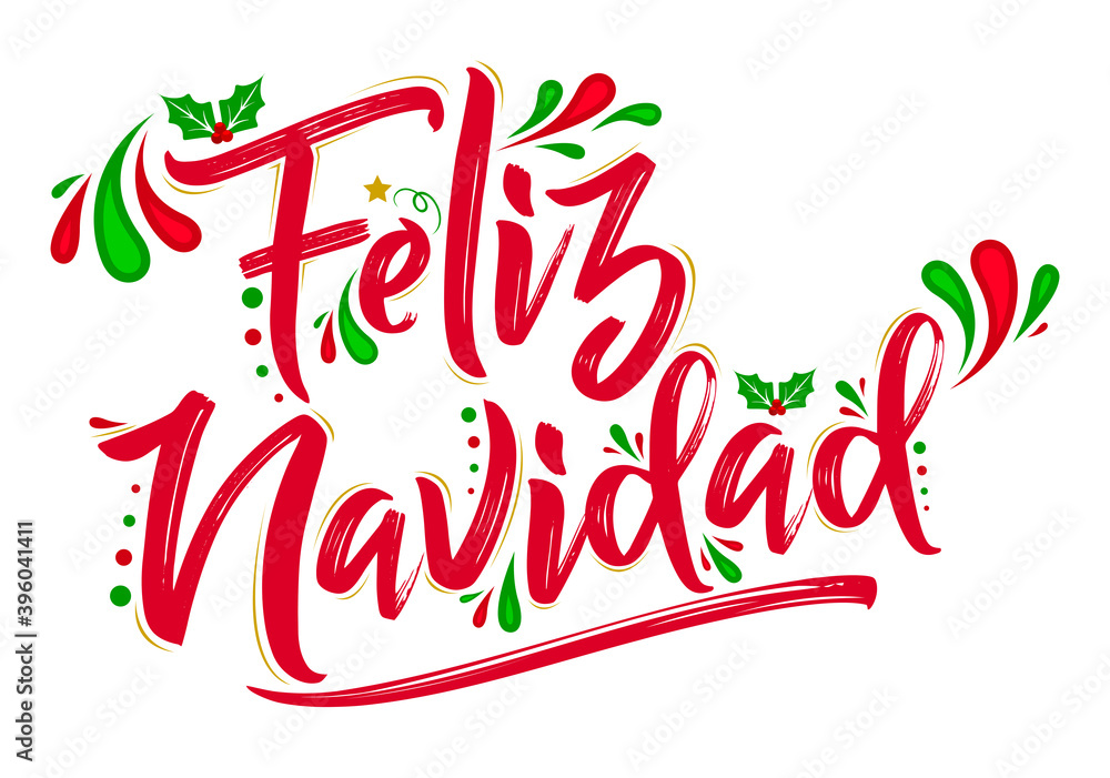 Feliz Navidad, Merry Christmas spanish text holiday design. vector de