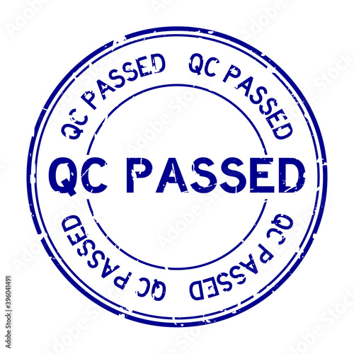 Grunge blue QC passed word round rubber seal stamp on white background