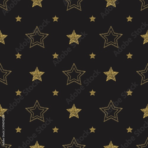 Seamless pattern with gold stars on black background. festive background with gold falling stars. Holiday pattern.Ornament for gift wrapping paper  fabric.Pattern for Christmas  xmas and celebrations.