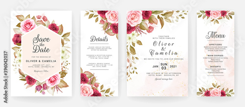 Floral wedding invitation template set with burgundy and peach roses flowers and leaves decoration. Botanic card design concept