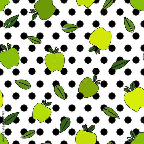 Green apple and leaves,  black ouline cartoon vector illustration, over black large polka dot background.