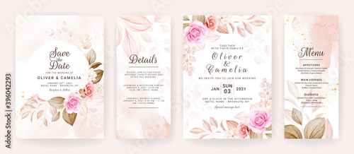 Floral wedding invitation template set with brown and peach roses flowers and leaves decoration. Botanic card design concept