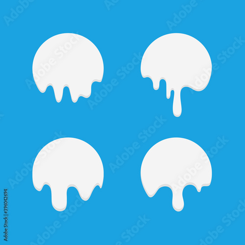 Milk label with drops Melted milkshake, circle stickers with drops White droplets yogurt drops liquid splashes vector shiny logos set sphere