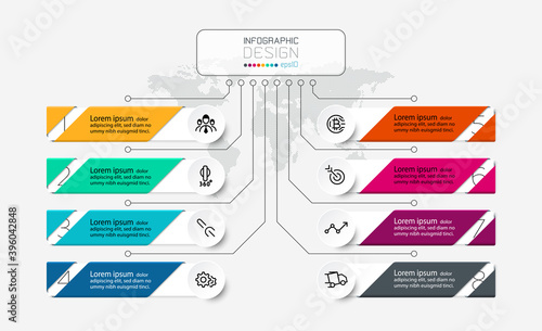 Square shape design divides the functionality into  8 steps clearly the substance can describe processes such as organization, marketing or business. vector infographic.