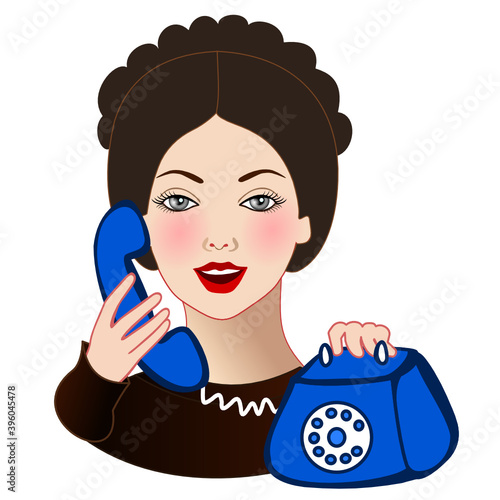 emoticon with retro girl secretary that holds a vintage handset near her ear while answering the phone call, vector emoji in color
