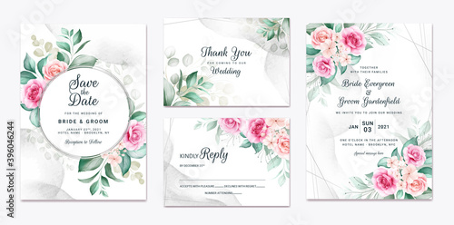 Floral wedding invitation template set with brown and peach roses flowers and...