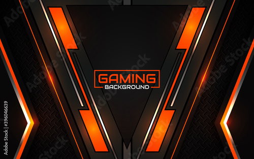 Abstract futuristic black and orange gaming background with modern esport shapes. Vector design template technology concept can use element game banner, sport poster, cyber wallpaper, web streaming