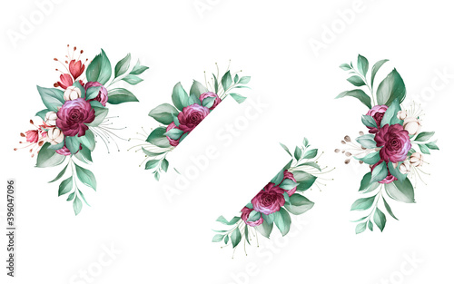 Set of watercolor floral arrangements of brown and burgundy roses and leaves....