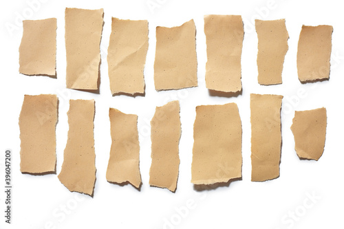 collection real brown paper torn or ripped pieces of paper in white background
