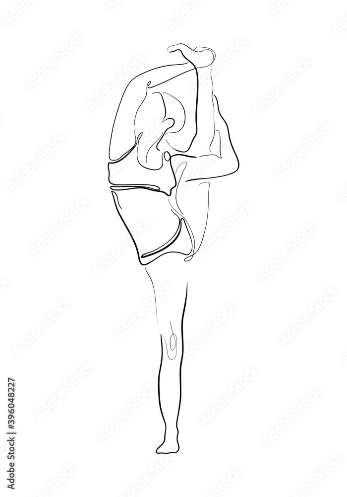 Hand drawn line art illustration of Vrikshasana pose or character woman standing in a tree pose. Hand drawn line art illustration of Vrikshasana pose or character woman standing in a tree pose.