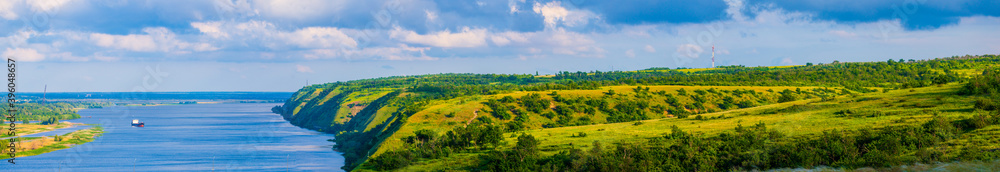 Panoramic view of the river Don and hills, slopes, steppe coast, gully, ravine on a banks