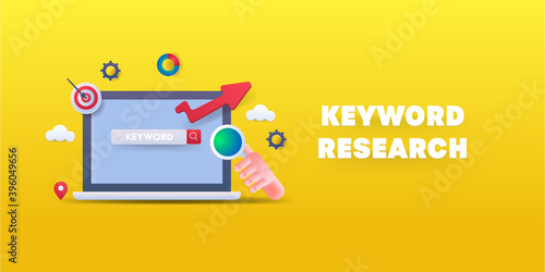 Online business keyword research and search engine optimization. Keyword text on search bar. Modern 3d style illustration, web banner template.