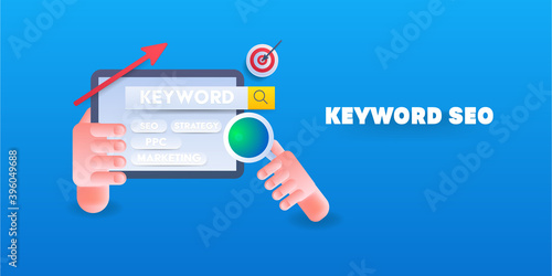 Keyword search and seo keyword analysis, keyword data research for search engine optimization. 3d style web banner illustration.