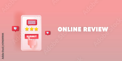 Smartphone or mobile device with online user review and rating concept. Survey suggestion and experience sharing on web. 3d illustration web banner.