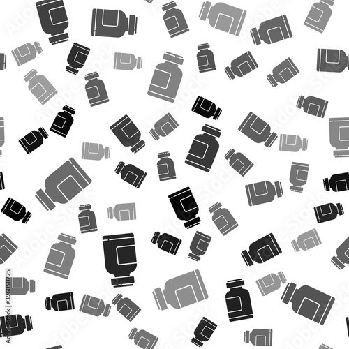 Black Sports nutrition bodybuilding proteine power drink and food icon isolated seamless pattern on white background. Vector Illustration.