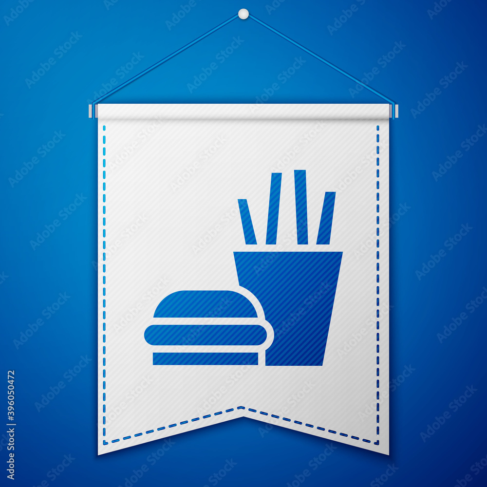 Blue Burger and french fries in carton package box icon isolated on blue background. Hamburger, cheeseburger sandwich. Fast food. White pennant template. Vector Illustration. Blue Burger and french fries in carton package box icon isolated on blue background. Hamburger, cheeseburger sandwich. Fast food. White pennant template. Vector Illustration.