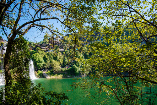 The Wangcun Waterfall at Furong Ancient Town. Amazing beautiful landscape scene of Furong Ancient Town (Furong Zhen, Hibiscus Town), China photo