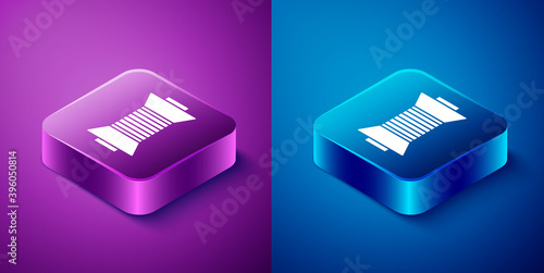 Isometric Sewing thread on spool icon isolated on blue and purple background. Yarn spool. Thread bobbin. Square button. Vector Illustration.