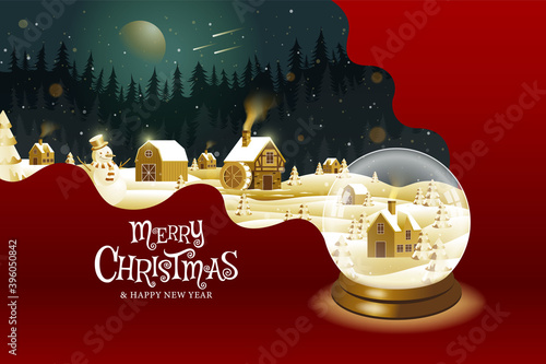Merry Christmas, happy new year, calligraphy, Golden landscape fantasy , vector illustration.